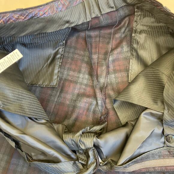 L-Ralph Lauren Mens Wool Blend Burgundy Plaid Flat Front Dress Pants Slim Fit - Picture 11 of 16